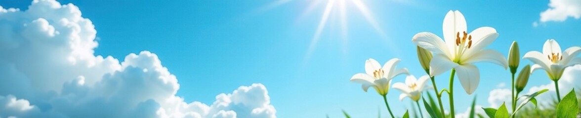 Wall Mural - radiant white lily against cloudless blue expanse, flowers, serene, morning