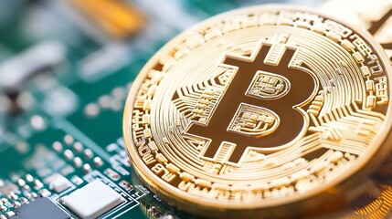 Leinwandbilder - Closeup view of a shiny gold bitcoin placed on a circuit board symbolizing cryptocurrency investment : Generative AI
