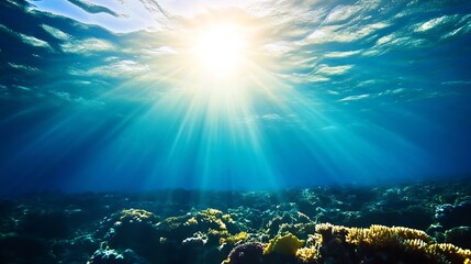 Aufkleber - Sunlight rays penetrating through clear ocean water highlighting underwater scenery and vibrant sea life : Generative AI