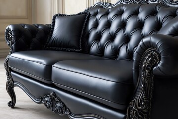 Wall Mural - A black leather couch sits in a cozy living room, perfect for relaxation