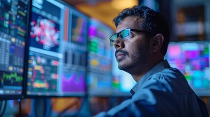 Leinwandbilder - A focused individual is intently observing and analyzing intricate data visualizations on multiple screens in a contemporary workspace during evening hours.