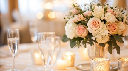 Poster - Beautiful floral arrangement with pink roses and white flowers creating a romantic centerpiece on a festive table : Generative AI