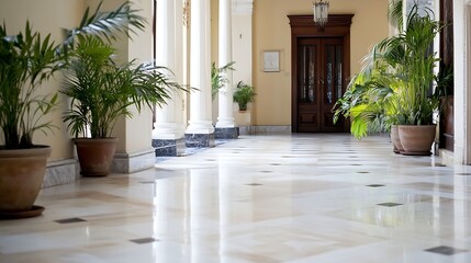 Aufkleber - Elegant indoor corridor adorned with lush green plants plants and decorative details exuding luxury and tranquility : Generative AI