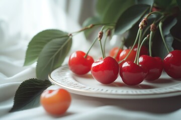 Poster - Fresh cherries arranged on a white plate alongside a single green leaf, perfect for still life photography or food styling