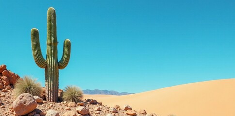 saguaro cactus isolated in a vast blue space with rocky terrain and sandy dunes, saguaro, rock, dune