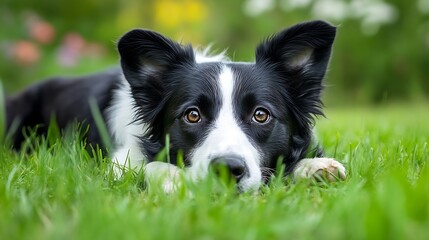 Poster - Adorable black and white border collie dog resting on green lawn in sunny garden : Generative AI