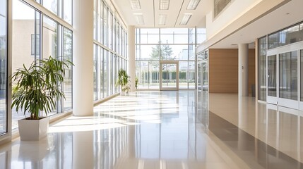 Poster - Bright and Spacious Modern Hallway Featuring Large Glass Windows and Indoor Plants : Generative AI