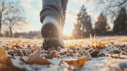 Poster - Person walking on fallen leaves in a snowy landscape during golden hour light : Generative AI