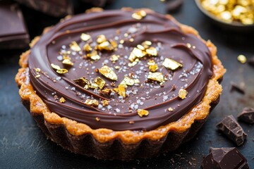 Poster - A rich chocolate tart topped with melted chocolate and gold sprinkles, perfect for special occasions
