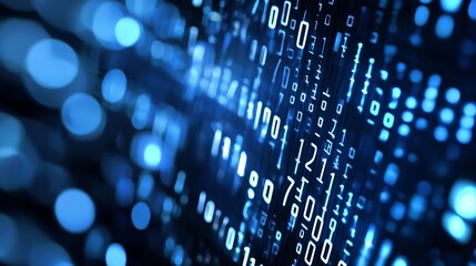 Fototapete - Digital binary code concept featuring glowing blue numbers on a dark background representing modern technology : Generative AI