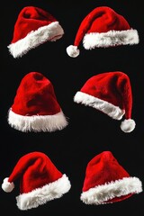 Poster - Six red Santa hats on a black background
