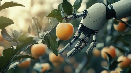 Poster - AI-driven orchard where robots gently pick ripe fruits without damage