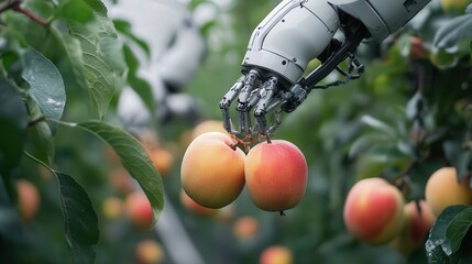Poster - AI-driven orchard where robots gently pick ripe fruits without damage