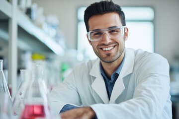 Poster - A scientist in a lab coat and goggles smiles at the camera, conveying confidence and expertise