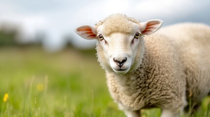 Poster - Adorable closeup of a young sheep roaming in a lush green meadow under a bright sky : Generative AI