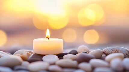 Leinwandbilder - Delicate white candle softly glowing amidst a collection of smooth stones by the shore : Generative AI