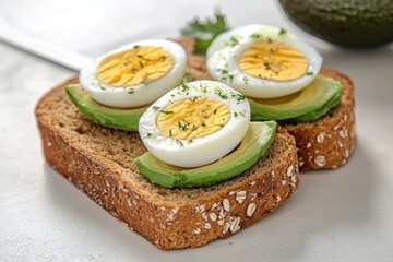 Poster - Close-up of a sandwich with scrambled eggs, avocado slices, and toasted bread