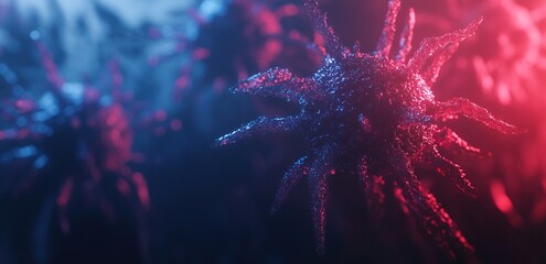 Poster - Microscopic Virus Particle Structures Reveal Intricate Details Under Neon Light Illumination.