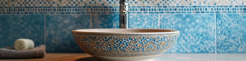 Poster - A bathroom sink surrounded by a blue and white tile wall