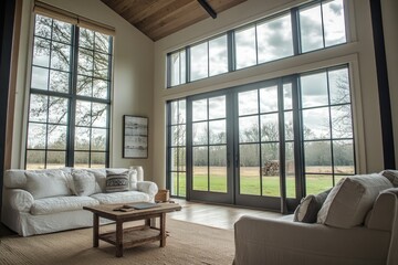Poster - Cozy modern living room with comfortable furniture and large windows for natural light