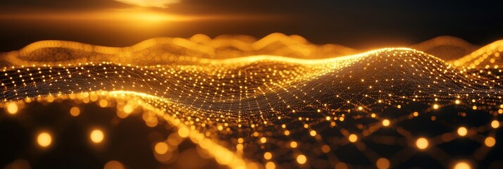 Poster - Golden Network Structure Abstract Design with Bright Spheres and Interconnected Lines