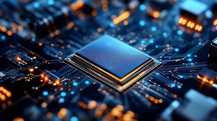 Poster - Closeup view of a hightech microprocessor on a circuit board showcasing electronic components and bright lights : Generative AI