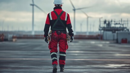 Poster - A worker in a red and black uniform with a hard hat, ready for construction or industrial tasks