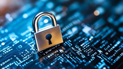 Leinwandbilder - Shiny padlock resting on a surface of digital data representing cybersecurity concepts : Generative AI