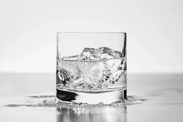 Poster - A glass filled with ice sitting on top of a table, perfect for use in scenes where refreshment is needed