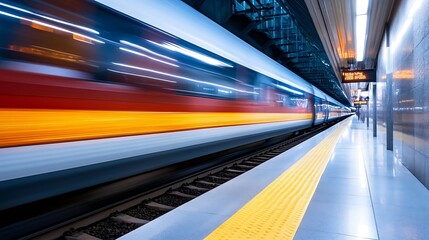 Aufkleber - Dynamic view of fast moving train at a station with blurred lights and smooth motion : Generative AI