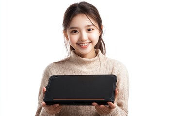 Poster - A woman holds a black laptop computer in her hands, ready to work or communicate