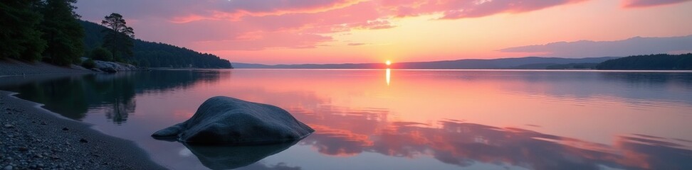 Wall Mural - A single rock protrudes from the shoreline of a serene lake at dawn, peaceful, shoreline, water