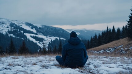 Poster - Person Sitting Alone in Tranquil Winter Landscape Surrounded by Snowy Mountains : Generative AI