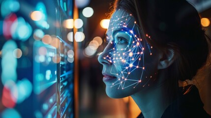 Leinwandbilder - A woman stands in a modern setting, her face illuminated by a dynamic display projecting intricate digital patterns, emphasizing the intersection of technology and human identity.