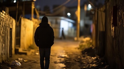 Aufkleber - Lonely man walking through a dark alley illuminated by street lights at night : Generative AI