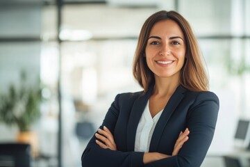 Wall Mural - Professional woman standing with arms crossed, dressed in formal attire