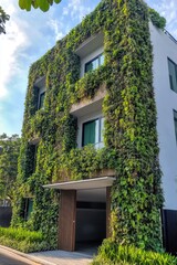 Poster - A building with lush green plants growing on its facade, situated next to a city street