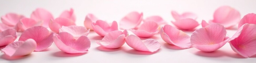 Wall Mural - Softly fallen rose petals blanketing a pristine white background, peaceful, soft focus, delicate