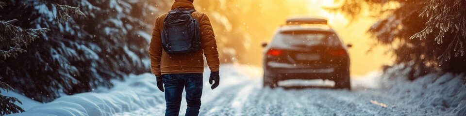 Poster - A person standing outside in the snow next to a vehicle, suitable for winter-themed or travel-related use