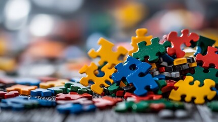 Poster - Colorful jigsaw puzzle pieces scattered on a wooden surface creating a playful scene : Generative AI