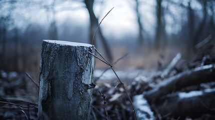 Poster - Closeup of tree stump surrounded by dry branches in a serene forest environment : Generative AI