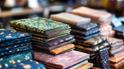Poster - Colorful stacks of fabric bolts arranged neatly in a craft store showcasing various vibrant patterns and textures : Generative AI