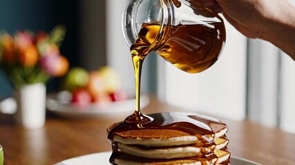 Aufkleber - Golden syrup cascading in slow motion over fluffy, stacked pancakes, creating mouthwatering breakfast scene with rich, glistening texture and indulgent morning flavor