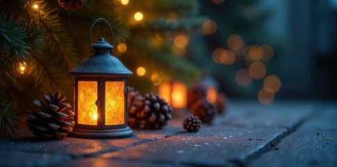 pinecone lanterns aglow around the christmas tree, glowing, lanterns