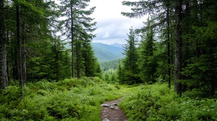 Poster - Scenic Forest Pathway Surrounded by Lush Green Trees and Mountains in the Background : Generative AI