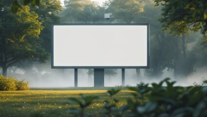 Wall Mural - blank billboard stands in a foggy park surrounded by lush greenery during early morning hours