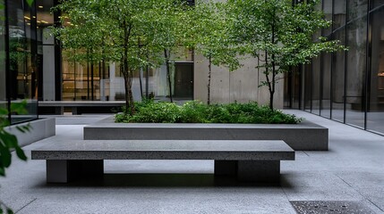 Aufkleber - Modern urban courtyard with greenery and sleek stone benches creating a serene atmosphere : Generative AI