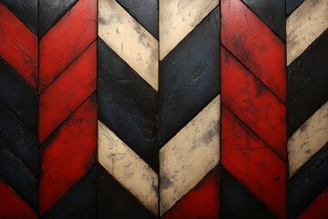 Wall Mural - Abstract wooden wall with a chevron pattern in red, black, and cream colors, suitable for backgrounds