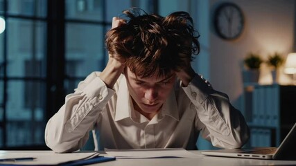 Poster - Professional businessman experiencing intense work related stress, massaging temples while dealing with overwhelming mental pressure and headache during late evening office hours
