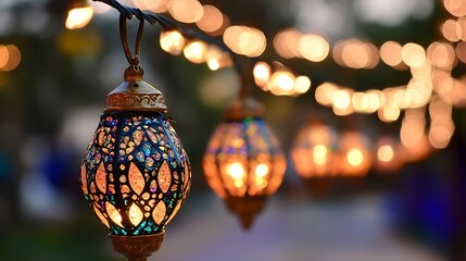 Poster - Colorful decorative lanterns hanging elegantly in a festive atmosphere with soft bokeh lights creating a magical vibe : Generative AI